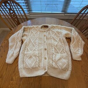 TWC Nepal Vintage Men’s Cream Wool Fisherman’s Cable Knit Cardigan Sweater 50 XL